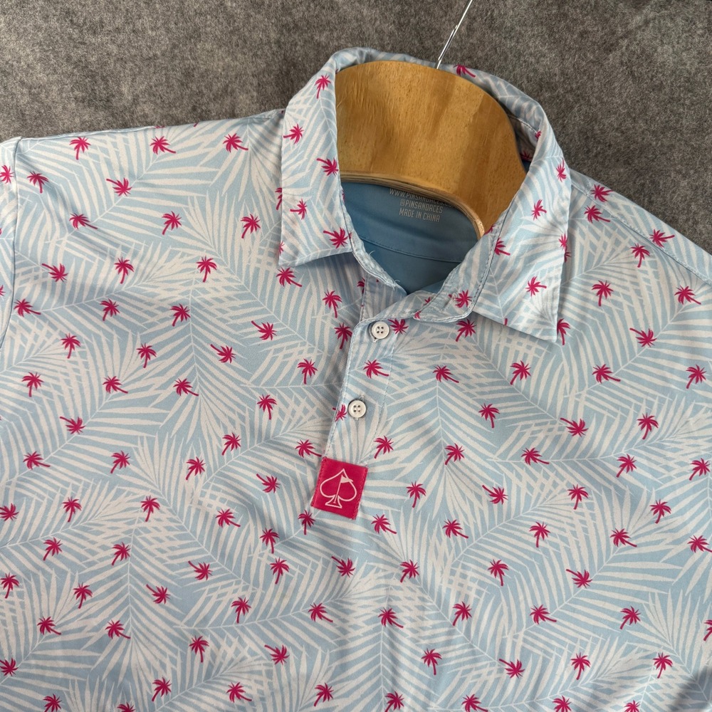 Pins & Aces Polo Shirt Men XXL Blue Pink Tropical Palm Tree Performance Golf Tee